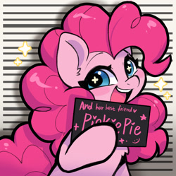 Size: 1037x1033 | Tagged: safe, artist:oofycolorful, character:pinkie pie, species:earth pony, species:pony, g4, barbie mugshot meme, chest fluff, cute, diapinkes, ear fluff, eyebrows, female, hoof hold, looking at you, mare, meme, mugshot, open mouth, open smile, smiling, smiling at you, solo, sparkles, starry eyes, text, wingding eyes