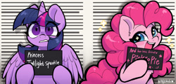 Size: 2156x1033 | Tagged: safe, artist:oofycolorful, character:pinkie pie, character:twilight sparkle, character:twilight sparkle (alicorn), species:alicorn, species:earth pony, species:pony, g4, barbie mugshot meme, chest fluff, cute, diapinkes, duo, duo female, ear fluff, eye clipping through hair, eyebrows, eyebrows visible through hair, female, frown, gritted teeth, hoof hold, horn, looking at you, mare, meme, mugshot, open mouth, open smile, shrunken pupils, smiling, smiling at you, sparkles, spread wings, starry eyes, teeth, text, wide eyes, wingding eyes, wings, worried