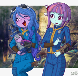 Size: 1000x978 | Tagged: safe, artist:uotapo, character:izzy moonbow, character:sunny flare, species:eqg human, species:human, g4, g5, my little pony:equestria girls, blushing, clothing, crossover, cute, duo, equestria girls-ified, fallout, female, folder, g5 to equestria girls, generation leap, gradient hair, heart, heart eyes, izzybetes, jumpsuit, multicolored hair, one eye closed, open mouth, open smile, rust, smiling, solo, solo female, species swap, sunglasses, sweat, sweatdrop, vault boy, vault suit, video game, wingding eyes, wink, wrench