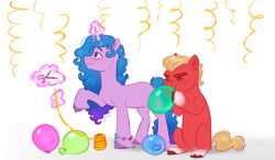 Size: 4420x2585 | Tagged: safe, artist:artistmythical, character:izzy moonbow, character:sprout, species:earth pony, species:pony, species:unicorn, g5, balloon, blowing up balloons, bracelet, coat markings, colored hooves, commission, cute, duo, female, glowing, glowing horn, gradient hair, high res, hoof hold, hooves, horn, inflating, izzybetes, jewelry, magic, magic aura, male, mare, multicolored hair, profile, puffy cheeks, raised hoof, scissors, simple background, sitting, socks (coat marking), sproutbetes, stallion, streamers, telekinesis, unshorn fetlocks, white background