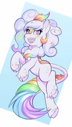 Size: 570x1000 | Tagged: safe, artist:dstears, oc, oc only, oc:cloudy canvas, species:kirin, excited, fluffy, happy, jumping, paint splatter, rainbow tail, simple background, solo, unshorn fetlocks