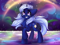 Size: 1600x1200 | Tagged: safe, artist:falafeljake, oc, oc only, species:pony, species:unicorn, chest fluff, commission, eye clipping through hair, eyebrows, eyebrows visible through hair, female, galaxy, grin, horn, mare, raised hoof, signature, smiling, solo, sparkles, unicorn oc