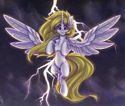 Size: 2600x2200 | Tagged: safe, artist:falafeljake, oc, oc only, oc:spotlight, species:alicorn, species:pony, alicorn oc, big wings, chest fluff, commission, eyebrows, flying, frown, high res, horn, lightning, looking at you, signature, sky, solo, spread wings, wings