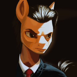 Size: 1280x1280 | Tagged: safe, artist:rollo32, species:earth pony, species:pony, g5, my little pony: make your mark, black background, brown mane, bust, clothing, male, menacing, movie, movie reference, patrick bateman, ponified, psycho, reference, simple background, species swap, stallion, suit
