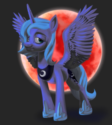 Size: 1733x1932 | Tagged: safe, artist:rollo32, character:princess luna, species:alicorn, species:pony, g4, black background, blood moon, blue hair, female, full body, gray background, halloween, holiday, looking at you, mare, moon, nightmare night, painting, s1 luna, simple background, solo, spread wings, wings