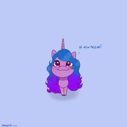 Size: 2480x2480 | Tagged: safe, artist:starburstuwu, character:izzy moonbow, species:pony, species:unicorn, g5, blue background, blushing, cute, dialogue, female, gradient hair, happy, hi new friend, izzybetes, looking at you, looking up, looking up at you, mare, multicolored hair, simple background, smiling, smiling at you, solo, text