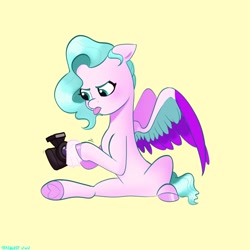 Size: 2048x2048 | Tagged: safe, artist:starburstuwu, species:pegasus, species:pony, g5, camera, colored hooves, colored wings, cute, female, floppy ears, hoof heart, hoof hold, hooves, mare, multicolored wings, shutter snap, simple background, sitting, solo, spread wings, tongue out, underhoof, unshorn fetlocks, wings, yellow background