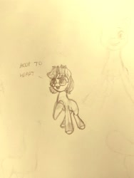 Size: 1536x2048 | Tagged: safe, artist:starburstuwu, oc, oc only, species:pony, species:unicorn, g5, dialogue, glasses, hoof to heart, open mouth, pencil drawing, raised hoof, simple background, solo, text, traditional art, unicorn oc, unshorn fetlocks
