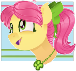 Size: 1128x1048 | Tagged: safe, artist:shyflypon, artist:twittershy, character:posey bloom, species:earth pony, species:pony, g5, bow, bust, cute, female, hair bow, jewelry, looking up, mare, necklace, open mouth, open smile, outline, portrait, smiling, solo, three quarter view, white outline