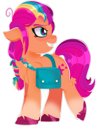 Size: 901x1170 | Tagged: safe, artist:shyflypon, artist:twittershy, character:sunny starscout, species:earth pony, species:pony, g5, bag, chest fluff, coat markings, colored hooves, cute, female, floppy ears, grin, gritted teeth, hooves, looking away, mane stripe sunny, mare, messenger bag, pin, profile, raised leg, saddle bag, satchel, simple background, smiling, socks (coat marking), solo, standing, sunny's buttons, sunnybetes, teeth, turned head, unshorn fetlocks, white background