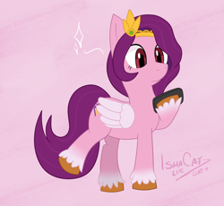 Size: 1368x1256 | Tagged: safe, artist:ismazhecat, character:pipp petals, species:pegasus, species:pony, g5, my little pony: a new generation, cellphone, circlet, coat markings, female, hoof hold, mare, phone, pink background, pipp wings, raised hoof, raised leg, red-eyed pipp, signature, simple background, smartphone, socks (coat marking), solo, three quarter view, unshorn fetlocks