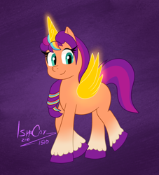 Size: 1128x1242 | Tagged: safe, artist:ismazhecat, character:sunny starscout, species:alicorn, species:earth pony, species:pony, g5, my little pony: a new generation, alicornified, female, horn, looking at you, magic horn, magic wings, mane stripe sunny, mare, purple background, race swap, signature, simple background, smiling, smiling at you, solo, spread wings, sunnycorn, three quarter view, walking, wings