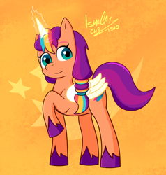 Size: 986x1035 | Tagged: safe, artist:ismazhecat, character:sunny starscout, species:alicorn, species:earth pony, species:pony, g5, my little pony: tell your tale, alicornified, colored hooves, cute, cutie mark, cutie mark background, female, hooves, looking at you, magic, magic horn, magic wings, mane stripe sunny, mare, race swap, raised hoof, signature, smiling, smiling at you, solo, sunnybetes, sunnycorn, unshorn fetlocks, wings
