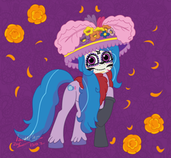 Size: 1470x1360 | Tagged: safe, artist:ismazhecat, character:izzy moonbow, species:pony, species:unicorn, g5, my little pony: tell your tale, catrina (calavera garbancera), cempasúchil, clothing, colored hooves, cute, dia de los muertos, face paint, female, gradient hair, hat, hooves, izzybetes, looking at you, mare, multicolored hair, raised hoof, signature, smiling, smiling at you, socks, solo, unshorn fetlocks