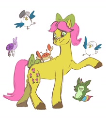 Size: 1438x1642 | Tagged: safe, artist:mayugraffiti, character:kenneth, character:posey bloom, species:bird, species:crab, species:earth pony, species:pony, g5, bow, colored hooves, female, hair bow, hooves, horn, mare, pegasnail, raccoon, raccoonicorn, raised hoof, simple background, snail, solo, tail, tail bow, unshorn fetlocks, white background, wings