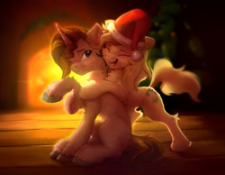 Size: 2847x2204 | Tagged: safe, artist:itssim, oc, oc only, species:earth pony, species:pony, species:unicorn, blurred background, chest fluff, christmas, christmas tree, clothing, commission, cute, duo, duo male and female, earth pony oc, eyebrows, eyes closed, female, fireplace, fluffy, hat, high res, holiday, horn, hug, indoors, leg fluff, male, mare, oc name needed, ocbetes, one eye closed, open mouth, open smile, santa hat, sitting, smiling, stallion, tree, unicorn oc, unshorn fetlocks