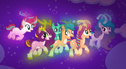 Size: 1088x596 | Tagged: safe, artist:mfmcares, character:hitch trailblazer, character:izzy moonbow, character:pipp petals, character:sparky sparkeroni, character:sunny starscout, character:zipp storm, species:deer, species:dragon, species:earth pony, species:pegasus, species:pony, species:reindeer, species:unicorn, g4, g5, blaze (coat marking), female, g5 to g4, generation leap, gradient hair, male, mane five, mane stripe sunny, mare, multicolored hair, pipp wings, reindeerified, species swap, stallion