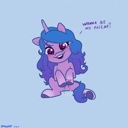Size: 2480x2480 | Tagged: safe, artist:starburstuwu, character:izzy moonbow, species:pony, species:unicorn, g5, blue background, bracelet, colored hooves, cute, dialogue, female, filly, foal, friendship bracelet, frog (hoof), gradient hair, hoof heart, hoof hold, hooves, izzybetes, jewelry, looking at you, multicolored hair, simple background, sitting, solo, talking to viewer, text, underhoof, unshorn fetlocks, young, younger, younger female