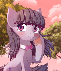 Size: 1800x2100 | Tagged: safe, artist:symbianl, character:octavia melody, species:earth pony, species:pony, g4, license:cc-by-nc-nd, blushing, bow tie, cheek fluff, chest fluff, clothing, cloud, colored underhoof, cute, ear fluff, eyebrows, female, frog (hoof), hoof fluff, hoof heart, hooves, looking at you, mare, outdoors, raised hoof, signature, sky, smiling, smiling at you, solo, sunset, tavibetes, three quarter view, tree, underhoof