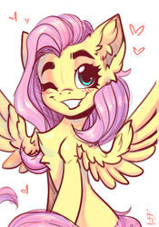 Size: 1430x2048 | Tagged: safe, alternate version, artist:falafeljake, character:fluttershy, species:pegasus, species:pony, g4, blushing, chest fluff, cute, ear fluff, eyebrows, female, grin, heart, looking at you, mare, one eye closed, shyabetes, signature, simple background, sitting, smiling, smiling at you, solo, spread wings, white background, wings, wink, winking at you