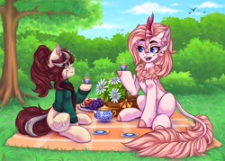 Size: 3500x2500 | Tagged: safe, artist:falafeljake, oc, oc only, oc:isadora inkwell, oc:tinder blossom, species:earth pony, species:kirin, species:pony, apple, basket, bush, clothing, cloven hooves, cup, duo, duo female, ear fluff, earth pony oc, eyebrows, female, flower, food, glasses, grapes, grass, high res, hoodie, hooves, horn, kirin oc, looking at each other, looking at someone, mare, non-pony oc, open mouth, open smile, outdoors, picnic, picnic basket, picnic blanket, plate, sitting, smiling, smiling at each other, tail, teacup, tree, unshorn fetlocks