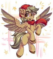 Size: 1700x1900 | Tagged: safe, artist:falafeljake, oc, oc only, oc:coffee coat, species:pegasus, species:pony, chest fluff, clothing, ear fluff, eyebrows, eyebrows visible through hair, flying, hat, looking at you, male, open mouth, open smile, pegasus oc, scarf, smiling, smiling at you, solo, spread wings, stallion, unshorn fetlocks, wings