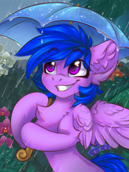 Size: 1200x1600 | Tagged: safe, artist:falafeljake, oc, oc only, species:pegasus, species:pony, blushing, chest fluff, commission, cute, ear fluff, eye clipping through hair, eyebrows, eyebrows visible through hair, flower, grin, ocbetes, outdoors, pegasus oc, rain, signature, smiling, solo, spread wings, umbrella, wings, ych result