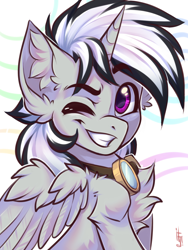 Size: 1200x1600 | Tagged: safe, artist:falafeljake, oc, oc only, oc:dark tempest, species:alicorn, species:pony, alicorn oc, chest fluff, commission, ear fluff, eyebrows, eyebrows visible through hair, grin, horn, looking at you, male, one eye closed, signature, smiling, smiling at you, solo, spread wings, stallion, wings, wink, winking at you, ych result