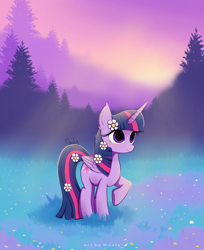 Size: 4000x4911 | Tagged: safe, artist:nnaly, character:twilight sparkle, character:twilight sparkle (alicorn), species:alicorn, species:pony, g4, absurd resolution, blushing, cute, female, flower, flower in hair, folded wings, horn, mare, meadow, outdoors, raised hoof, signature, smiling, solo, tree, twiabetes, wings