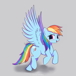 Size: 4000x4000 | Tagged: safe, artist:nnaly, character:rainbow dash, species:pegasus, species:pony, g4, absurd resolution, blushing, cute, dashabetes, female, gray background, looking at you, mare, open mouth, open smile, signature, simple background, smiling, smiling at you, solo, spread wings, wings