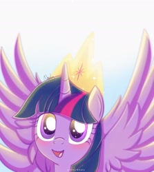 Size: 1975x2211 | Tagged: safe, artist:nnaly, character:twilight sparkle, character:twilight sparkle (alicorn), species:alicorn, species:pony, g4, blushing, crown, cute, female, high res, horn, jewelry, looking at you, mare, open mouth, open smile, regalia, signature, smiling, smiling at you, solo, spread wings, twiabetes, wings