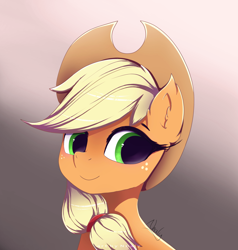 Size: 3813x4000 | Tagged: safe, artist:nnaly, character:applejack, species:earth pony, species:pony, g4, apple family member, applejack's hat, bust, clothing, cowboy hat, cute, female, freckles, gradient background, hat, high res, jackabetes, mare, portrait, signature, smiling, solo, stetson