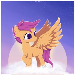 Size: 4100x4094 | Tagged: safe, artist:nnaly, character:scootaloo, species:pegasus, species:pony, g4, absurd resolution, big wings, blank flank, blushing, cloud, ear fluff, female, filly, looking back, on a cloud, scootaloo can fly, signature, smiling, solo, spread wings, wings, young