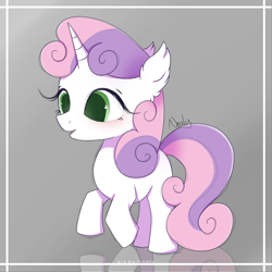 Size: 3500x3500 | Tagged: safe, artist:nnaly, character:sweetie belle, species:pony, species:unicorn, g4, blank flank, blushing, ear fluff, female, filly, high res, horn, open mouth, open smile, reflection, signature, smiling, solo, young