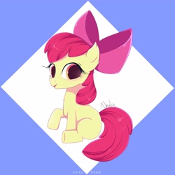 Size: 4000x4000 | Tagged: safe, artist:nnaly, character:apple bloom, species:earth pony, species:pony, g4, abstract background, absurd resolution, apple bloom's bow, apple family member, blank flank, blushing, bow, female, filly, hair bow, looking at you, signature, sitting, smiling, smiling at you, solo, tongue out, young