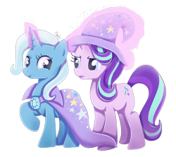 Size: 2078x1856 | Tagged: safe, artist:nnaly, character:starlight glimmer, character:trixie, species:pony, species:unicorn, g4, accessory swap, brooch, cape, clothing, duo, duo female, female, glowing horn, hat, horn, jewelry, levitation, looking at each other, looking at someone, magic, magic aura, mare, raised hoof, signature, simple background, smiling, sparkles, telekinesis, transparent background, trixie's brooch, trixie's cape, trixie's hat, wizard hat