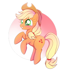 Size: 1796x1921 | Tagged: safe, artist:nnaly, character:applejack, species:earth pony, species:pony, g4, apple family member, applejack's hat, blushing, clothing, cowboy hat, cute, female, gradient background, hat, jackabetes, mare, rearing, signature, simple background, smiling, solo, stetson, three quarter view, transparent background