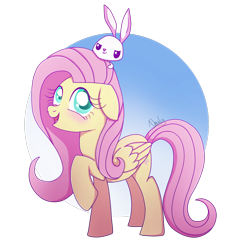 Size: 2000x2000 | Tagged: safe, artist:nnaly, character:angel bunny, character:fluttershy, species:pegasus, species:pony, species:rabbit, g4, blushing, cute, duo, duo male and female, female, folded wings, gradient background, high res, male, mare, open mouth, open smile, raised hoof, shyabetes, signature, simple background, smiling, transparent background, wings