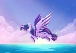 Size: 2580x1813 | Tagged: safe, artist:nnaly, character:twilight sparkle, character:twilight sparkle (alicorn), species:alicorn, species:pony, g4, cloud, female, flying, high res, mare, ocean, open mouth, open smile, signature, sky, smiling, solo, spread wings, stars, sun, water, wings