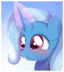 Size: 2000x2260 | Tagged: safe, artist:nnaly, character:trixie, species:pony, species:unicorn, g4, blushing, bust, cute, diatrixes, female, glowing horn, high res, horn, magic, magic aura, mare, open mouth, open smile, portrait, signature, smiling, solo, sparkly eyes, wingding eyes