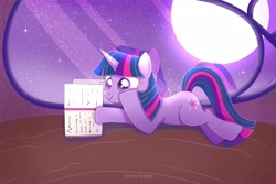 Size: 3000x2000 | Tagged: safe, artist:nnaly, character:twilight sparkle, character:twilight sparkle (unicorn), species:pony, species:unicorn, g4, adorkable, book, cute, dork, female, full moon, golden oaks library, high res, horn, indoors, lying down, mare, moon, night, night sky, prone, reading, signature, sky, smiling, solo, stars, twiabetes, window