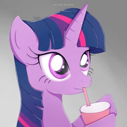Size: 2000x2000 | Tagged: safe, artist:nnaly, character:twilight sparkle, species:pony, g4, cute, drink, drinking, drinking straw, female, gradient background, high res, horn, mare, signature, solo, straw, twiabetes