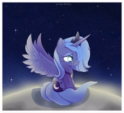 Size: 3971x3614 | Tagged: safe, artist:nnaly, character:princess luna, species:alicorn, species:pony, g4, female, high res, horn, mare, moon, on the moon, s1 luna, sad, signature, sitting, sky, solo, spread wings, stars, tail, wings