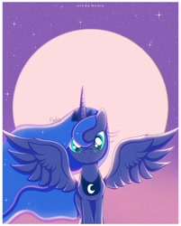 Size: 2072x2580 | Tagged: safe, artist:nnaly, character:princess luna, species:alicorn, species:pony, g4, ethereal mane, female, full moon, galaxy mane, high res, horn, looking at you, mare, moon, night, night sky, signature, sky, solo, sparkly eyes, spread wings, stars, wingding eyes, wings