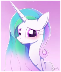 Size: 1667x1970 | Tagged: safe, artist:nnaly, character:princess celestia, species:alicorn, species:pony, g4, blushing, bust, cute, cutelestia, female, gradient background, horn, looking at you, mare, portrait, signature, smiling, smiling at you, solo