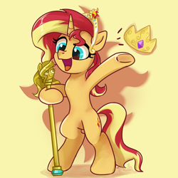 Size: 3000x3000 | Tagged: safe, artist:brella, character:sunset shimmer, species:pony, species:unicorn, g4, my little pony:equestria girls, bipedal, crown, female, high res, horn, jewelry, mare, open mouth, open smile, regalia, scepter, signature, simple background, smiling, solo, three quarter view, underhoof, yellow background