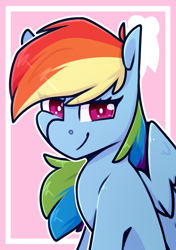 Size: 2039x2894 | Tagged: safe, artist:jellysketch, part of a set, character:rainbow dash, species:pegasus, species:pony, g4, cutie mark background, eye clipping through hair, female, high res, lidded eyes, looking at you, mare, partially open wings, smiling, smiling at you, smirk, solo, wings