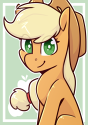 Size: 2039x2894 | Tagged: safe, artist:jellysketch, part of a set, character:applejack, species:earth pony, species:pony, g4, apple family member, applejack's hat, clothing, cowboy hat, cutie mark background, eye clipping through hair, female, hat, high res, looking at you, mare, smiling, smiling at you, solo, stetson