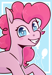 Size: 2039x2894 | Tagged: safe, artist:jellysketch, part of a set, character:pinkie pie, species:earth pony, species:pony, g4, blush sticker, blushing, cutie mark background, female, grin, high res, looking at you, mare, smiling, smiling at you, solo