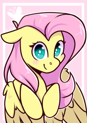 Size: 2039x2894 | Tagged: safe, artist:jellysketch, part of a set, character:fluttershy, species:pegasus, species:pony, g4, blush sticker, blushing, cutie mark background, female, floppy ears, high res, hooves, hooves to the chest, looking at you, mare, partially open wings, smiling, smiling at you, solo, wings